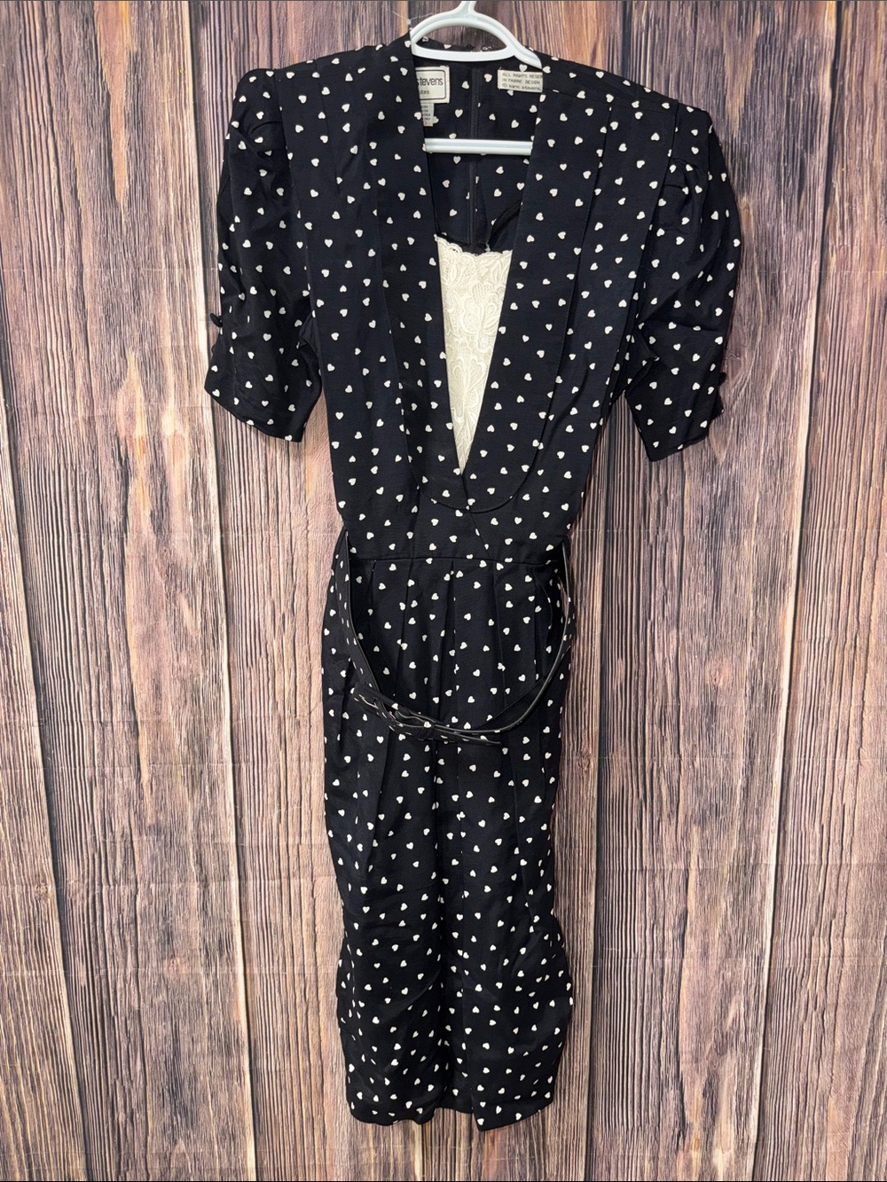 Vintage Karin Stevens Petites Size 10 Black White Heart Print Dress Belted Dress - Picture 3 of 14
